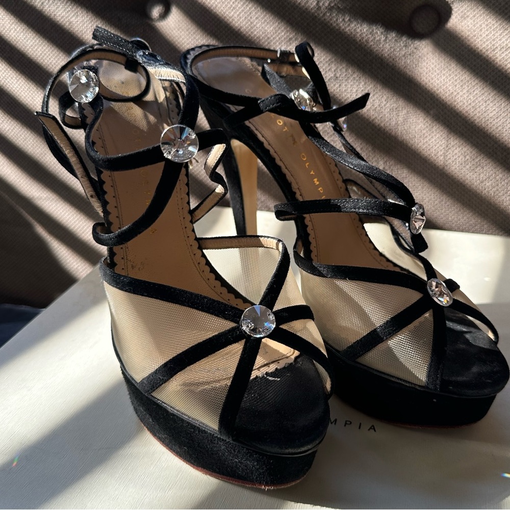 Charlotte Olympia black suede and mesh shoes